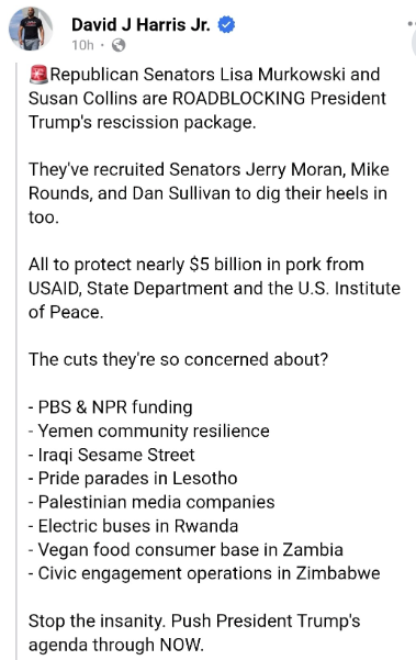 WeAreAFFA's tweet image. Call and tell them to stop obstructing the cuts we voted for!
Capitol Hill switchboard
202-224-3121
Collins ME - 202-224-2523
Murkowski - AK - 202-224-6665
Moran - KS - 202-224-6521
Rounds - South Dakota - 202-224-5842
Sullivan - AK - 202-224-3004