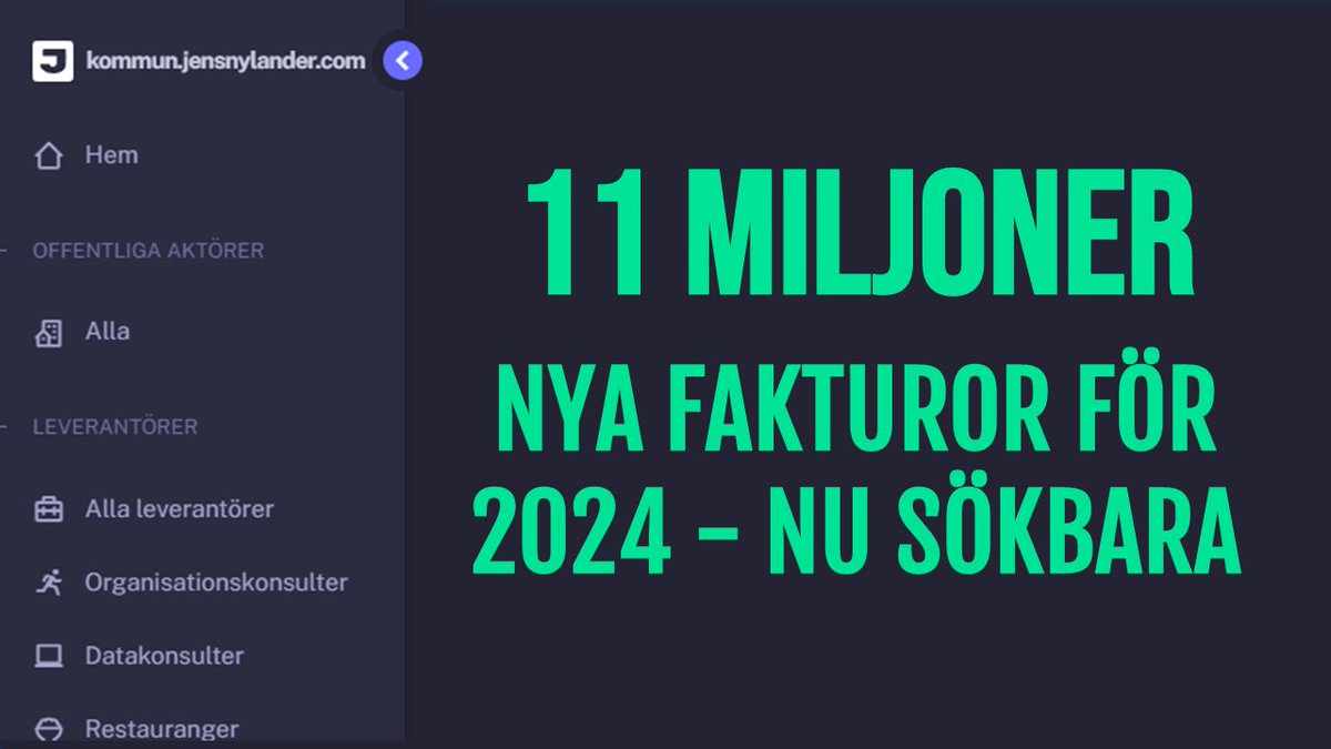 nylanderjens's tweet image. Nu äntligen 66 miljoner fakturor totalt  ! 11 miljoner nya fakturor från 187 kommuner publicerade idag på kommun.jensnylander.com - fritt att konsumera, söka och använda. Jakten på vart pengarna gick 2024 har redan börjat.