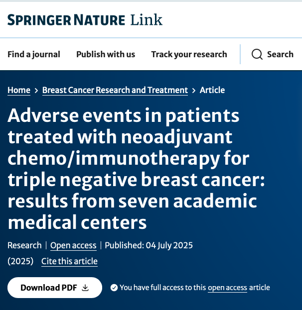 Adverse events in patients treated with neoadjuvant chemo/immunotherapy for triple negative breast cancer: results from seven academic medical centers

link.springer.com/article/10.100…

In this large real-world study of 415 patients with early-stage or locally advanced triple-negative