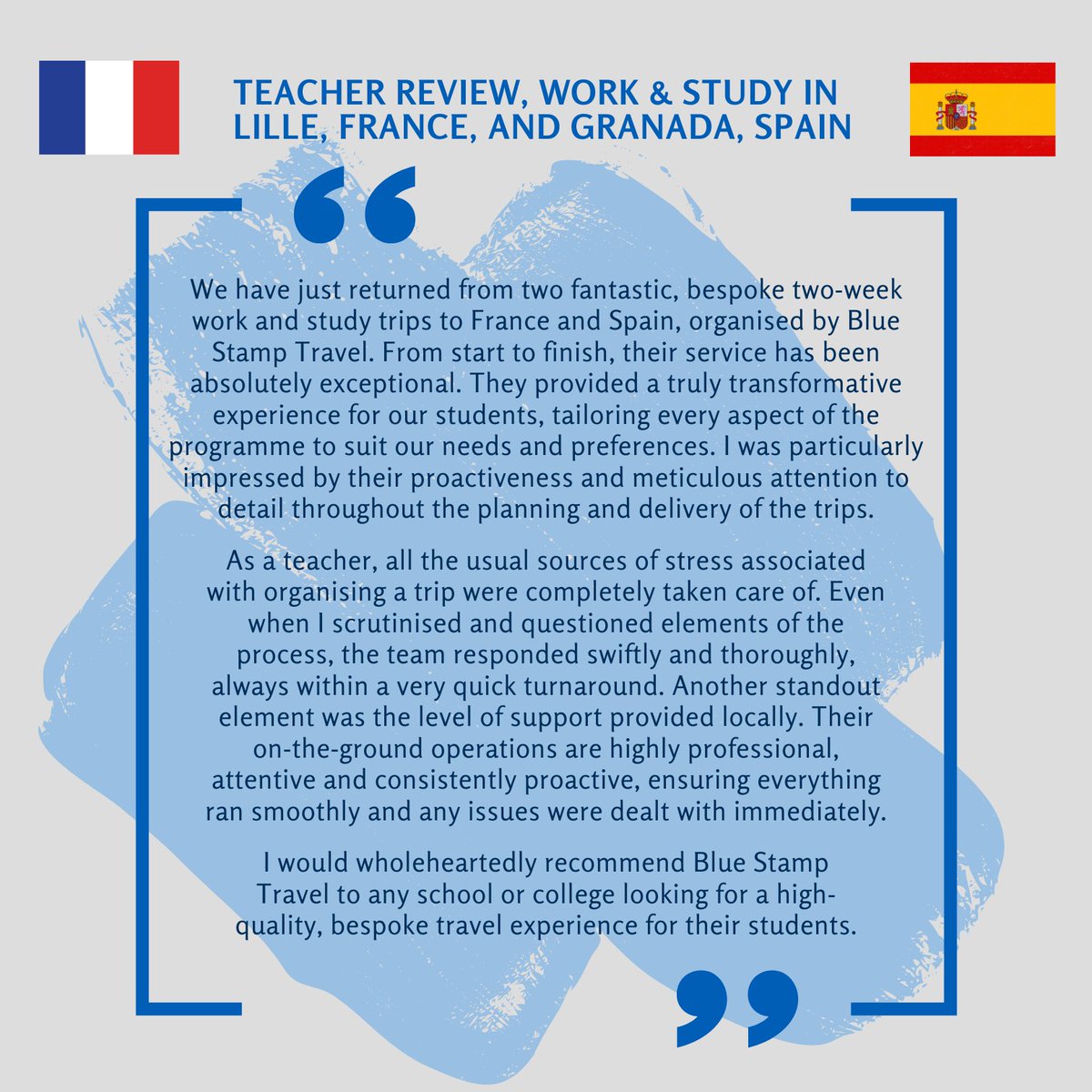 We have just received a fantastic review for our recent Work &amp; Study trips to Lille &amp; Granada! 🇫🇷🇪🇸

This feedback reflects the outcomes we aim to achieve through our tailor-made group trips, and it’s great to hear we delivered on that promise! 🙌

#schooltrips #studytravel #mfl