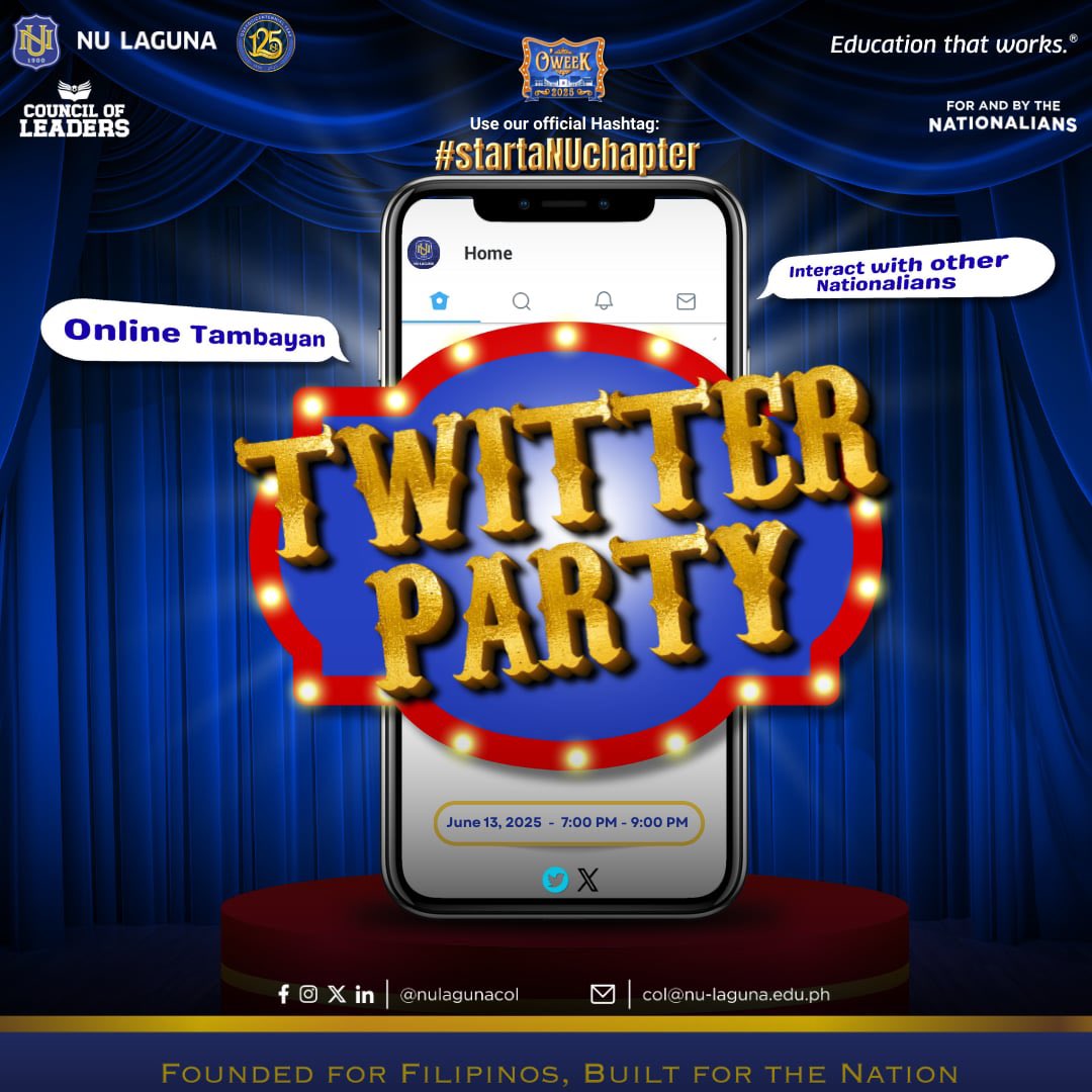 NULagunaPH's tweet photo. Kickstart #OWeek2025 with a Bang! 🎉

Join us on June 13, 2025, from 7–9 PM for NU Laguna’s Social Media Party—your ultimate online tambayan to jumpstart the fun! 🎤

📍 Tune in to Twitter Spaces on the official NU Laguna account as we spill what’s in store for you this OWeek! https://t.co/JvGGW5AQT0