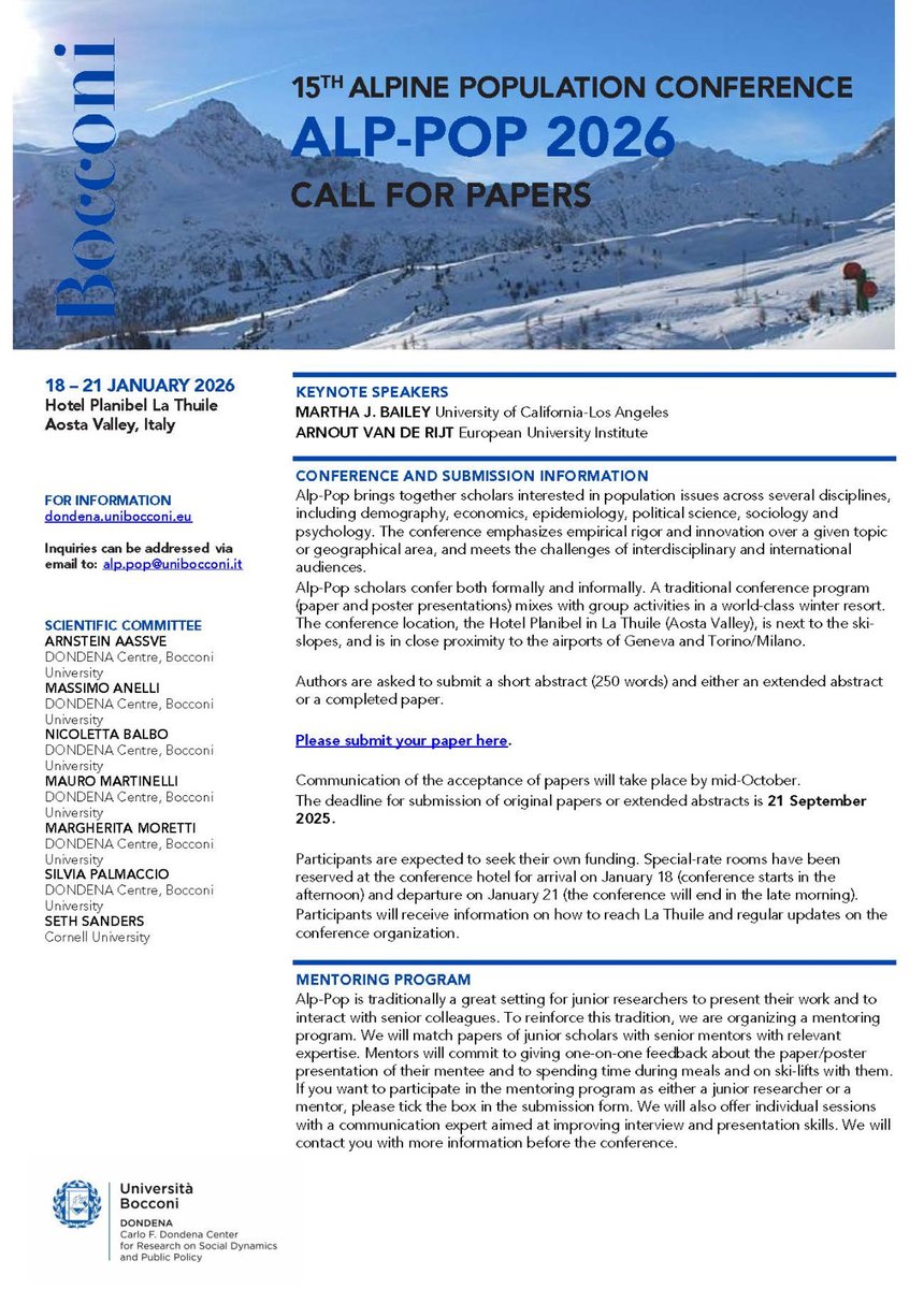 Massimo Anelli (@massimo_anelli) on Twitter photo 📢Call for paper for #AlpPop 2026 is out with awesome #skinotes confirmed Martha Bailey and Arnot Van De Rijt.
Please send your paper bocconi.eu.qualtrics.com/jfe/form/SV_6t… by September 21.
<a href="/Arnstein_Aassve/">Arnstein Aassve</a> <a href="/sissinicobalbo/">Nicoletta Balbo</a> Seth Sanders <a href="/DondenaCentre/">Dondena Centre</a> 📢Call for paper for #AlpPop 2026 is out with awesome #skinotes confirmed Martha Bailey and Arnot Van De Rijt.
Please send your paper bocconi.eu.qualtrics.com/jfe/form/SV_6t… by September 21.
<a href="/Arnstein_Aassve/">Arnstein Aassve</a> <a href="/sissinicobalbo/">Nicoletta Balbo</a> Seth Sanders <a href="/DondenaCentre/">Dondena Centre</a>