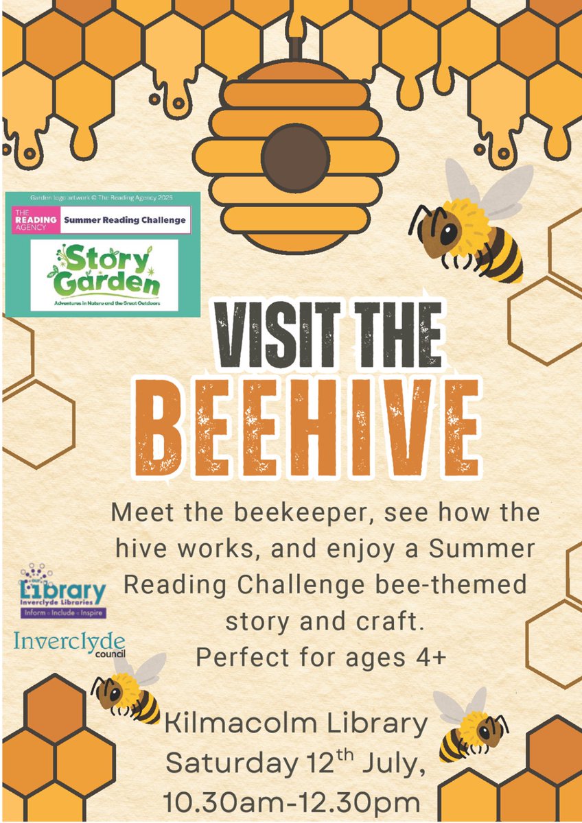 InverclydeLibs's tweet image. 🐝Make a beeline to Kilmacolm Libary for tomorrow's event...
Drop in and meet the beekeeper from #InverclydeShed, see the live bees in action via the observation hive and learn all about them🐝
Enjoy a #SummerReadingChallenge bee-themed story and craft activity.
𝗪𝗵𝗲𝗿𝗲:…
