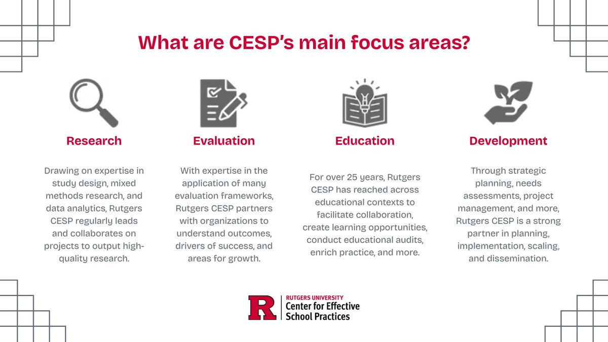 Rutgers CESP (@rutgerscesp) on Twitter photo CESP is dedicated to facilitating the translation of research into best practices. The Center builds capacity in the educational community through collaborative structures that capitalize on short-cycle improvement and ongoing evaluation. #Rutgers #NewJersey CESP is dedicated to facilitating the translation of research into best practices. The Center builds capacity in the educational community through collaborative structures that capitalize on short-cycle improvement and ongoing evaluation. #Rutgers #NewJersey