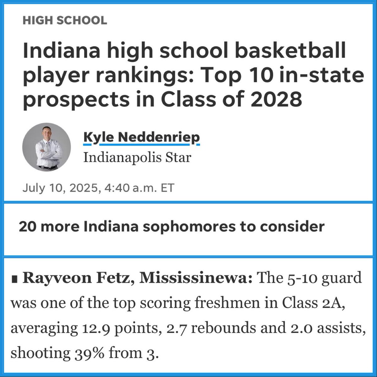 Great recognition for c/o 2028 guard Rayveon Fetz in Thursday’s Indy Star 🙌
