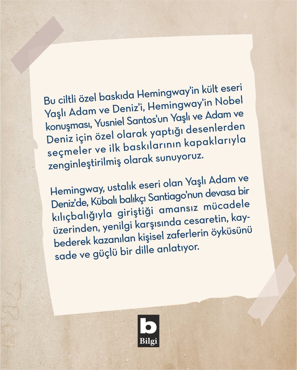 BilgiYayinevi's tweet image. #TemmuzdaHemingway
“İnsan yenilmek için yaratılmadı” dedi dokunaklı bir sesle; “Âdemoğlu mahvolur ama yenilmez.”
Hemingway'e Pulitzer ve Nobel Edebiyat Ödülü kazandıran bu kusursuz başyapıt, okura hem derin bir içsel yolculuk hem de doğayla verilen çetin bir mücadeleyi sunuyor.…