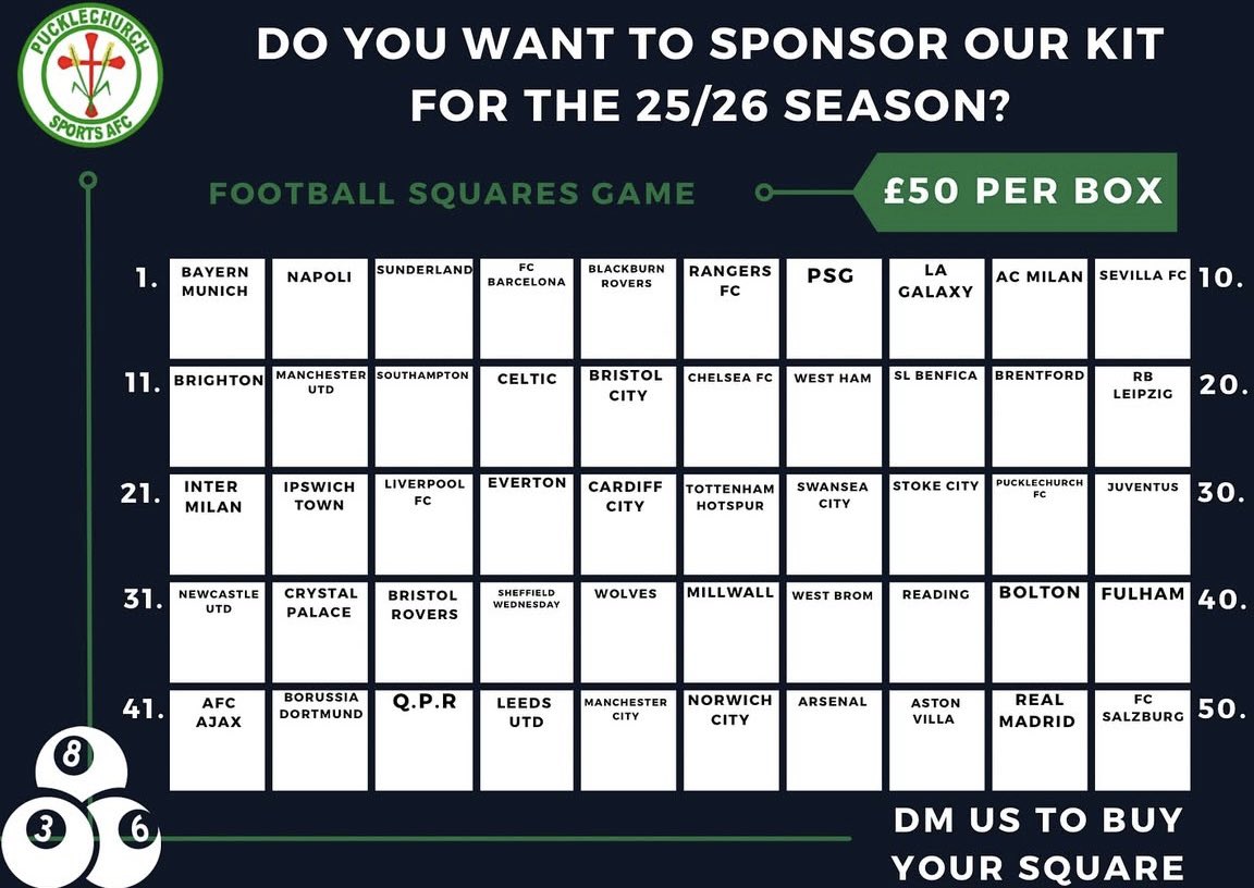 🔈𝘾𝘼𝙇𝙇𝙄𝙉𝙂 𝘼𝙇𝙇 𝙊𝙐𝙍 𝘽𝙐𝙎𝙄𝙉𝙀𝙎𝙎 𝙁𝙍𝙄𝙀𝙉𝘿𝙎 🔈
£50 chance to be the sponsor for our training kit for the 25/26 season. DM us to pick a square 💚