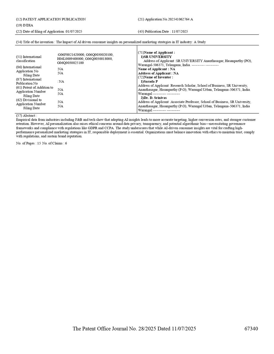 dharmulasri1976's tweet photo. Thrilled to share that my scholar has officially published their patent!
 Encouraging and mentoring young innovators is one of the most fulfilling aspects of teaching.
@bschoolsru
 @SRuniversity https://t.co/AMmB0befvD