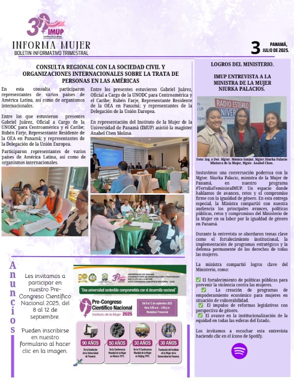 Noticias del Instituto de la Mujer de la Universidad de Panamá.
Le invitamos a seguir las redes sociales en Instagram,  Facebook y X como <a href="/imuppanama/">Instituto de la Mujer (IMUP)</a>  estamos en Spotify nuestro Podcast Tertulia Feminista.drive.google.com/.../1bFuuWk0AA…... <a href="/UNIVERSIDAD_PMA/">Universidad dePanamá</a> <a href="/UNFPApanama/">UNFPA Panamá</a> <a href="/ONUMujeres/">ONU Mujeres</a> @