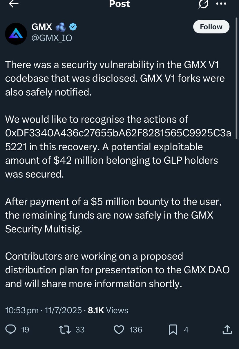 ❤️💛💚💙

There was a GMX bug. Hacker stole $42M. Kept $5M bounty.

Crypto is so risky with so many bugs
