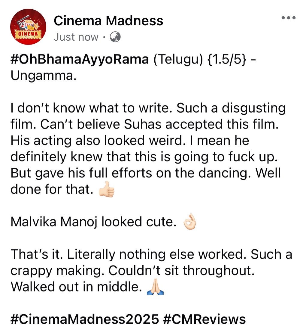 CinemaMadness24's tweet image. #OhBhamaAyyoRama (Telugu) {1.5/5} -Ungamma.

#OBAR #CMReviews