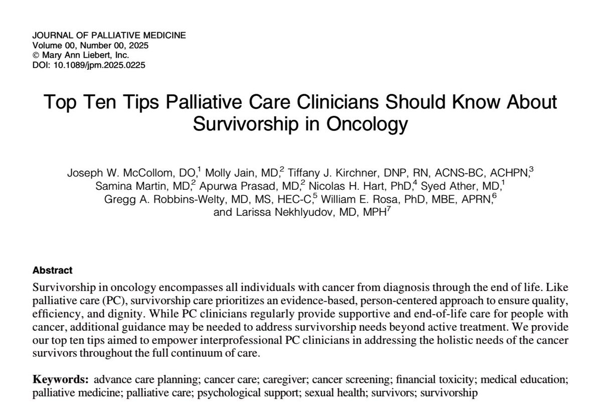 DrNicolasHart's tweet image. I’m often asked whose responsibility it is to provide cancer survivorship care. My answer? - It’s everyone’s responsibility (not a single health professional or profession)! This excellent paper by @realbowtiedoc, provides Top Ten Tips for Palliative Care: pubmed.ncbi.nlm.nih.gov/40620208/