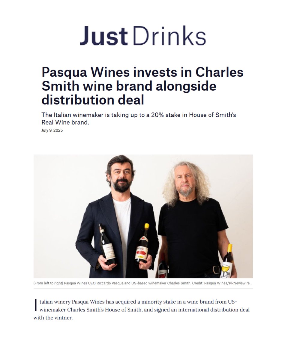 Pasqua Wines (@pasquawinery) on Twitter photo "Pasqua Wines invests in Charles Smith wine brand alongside distribution deal" — on <a href="/Just_Drinks/">Just Drinks</a> news about the new partnership; <a href="/PasquaWinery/">Pasqua Wines</a> becomes exclusive international distributor of K Vintners, Real Wine and Sex wines (House of Smith) and enters as a minority partner in "Pasqua Wines invests in Charles Smith wine brand alongside distribution deal" — on <a href="/Just_Drinks/">Just Drinks</a> news about the new partnership; <a href="/PasquaWinery/">Pasqua Wines</a> becomes exclusive international distributor of K Vintners, Real Wine and Sex wines (House of Smith) and enters as a minority partner in