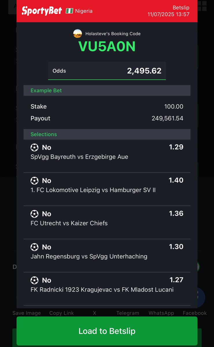 HolaSteve4's tweet image. #Sportybety Today

VU5A0N 🫴2,495 odds
M2QUJS 🫴1,150 odds

Edit 👇

Q1Q2JV 🫴111 odds
T1WXPM 🫴101 odds

#Un1.5 goals both half NO
#2H GG NO

#Retweet 🔁🙏

@Emmanuel_Tips @ImoPunter @iamBigChops @BettKMax @enokay69 @bossolamilekan1 @BerryYNWA1 @MOE__BOY @ConvertOdds @UC_TIPS