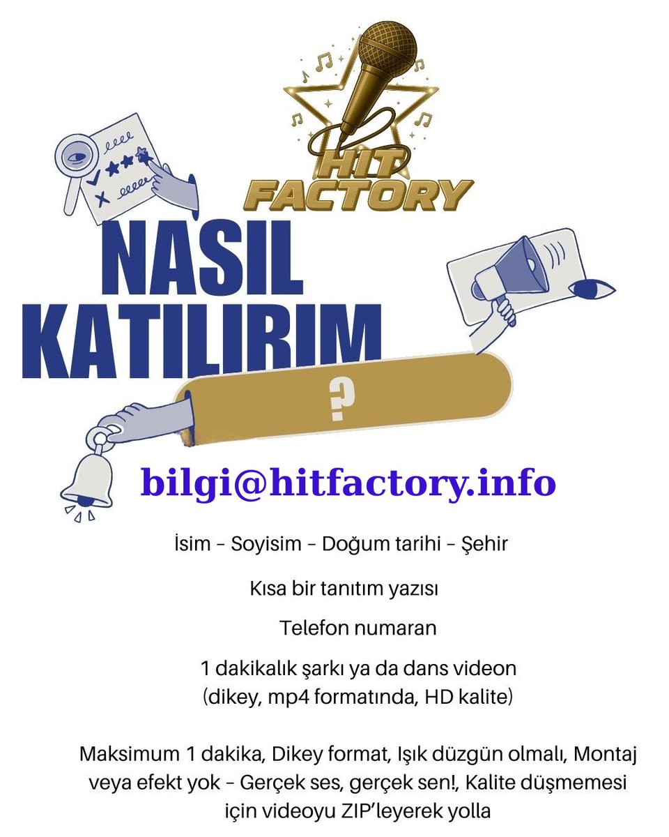 HitFactoryTR's tweet image. 📌 Başvuru için gerekenler:

✅ Kısa bir özgeçmiş
✅ 1 dakikalık şarkı performansı videosu (video linki ya da dosya)
✅ İletişim bilgilerin (ad-soyad, telefon, şehir)

📩 Tüm bu bilgileri bilgi@hitfactory.info adresine mail atarak başvurunu tamamlayabilirsin!

#HitFactory