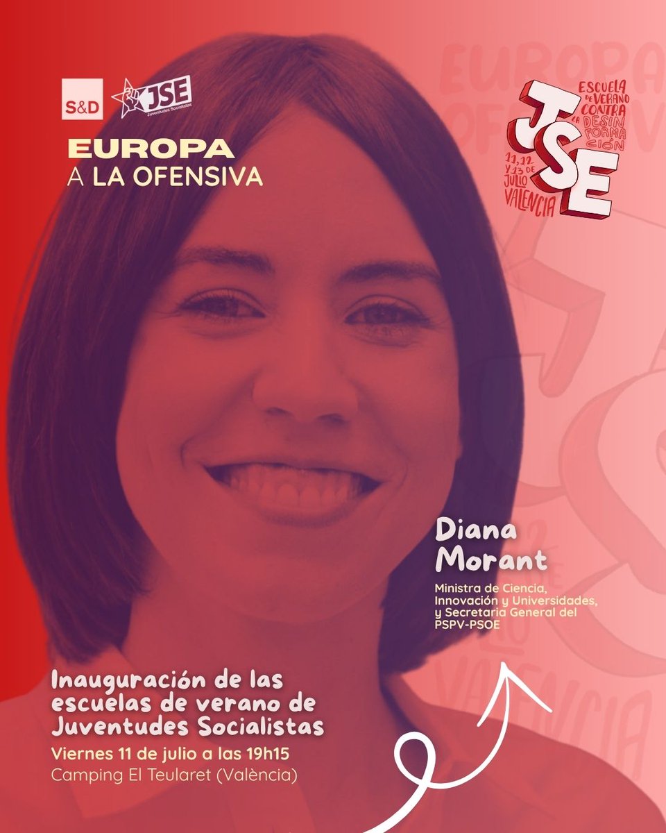 PSPV-PSOE (@socialistesval) on Twitter photo 🏕️✊Hui la nostra secretària general, <a href="/DianaMorantR/">Diana Morant</a>, inaugura les escoles de <a href="/JSE_ORG/">Juventudes Socialistas</a>.
🗓️11 juliol
🕖19:15h
📍Camping El Teularet (València) 🏕️✊Hui la nostra secretària general, <a href="/DianaMorantR/">Diana Morant</a>, inaugura les escoles de <a href="/JSE_ORG/">Juventudes Socialistas</a>.
🗓️11 juliol
🕖19:15h
📍Camping El Teularet (València)