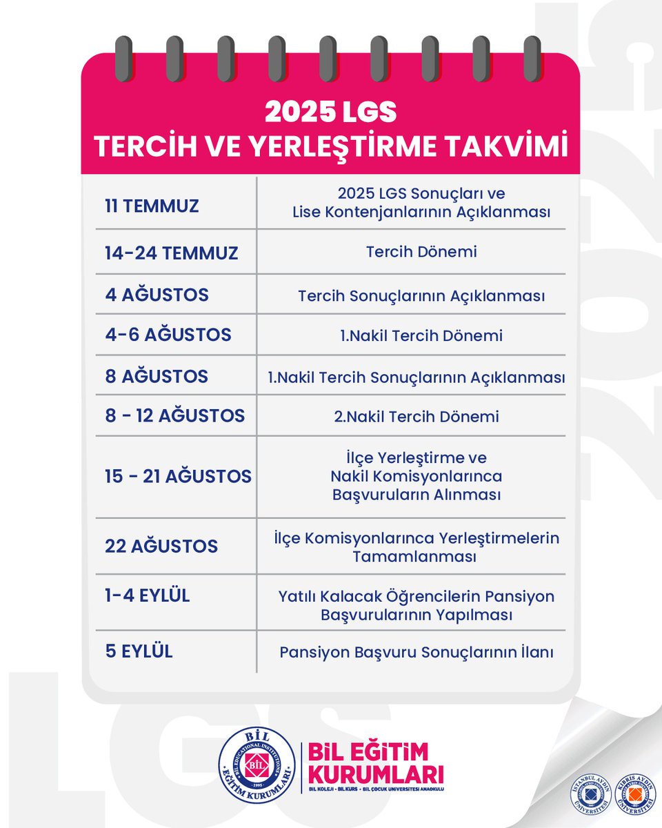 BİL Kurs (@bilkurs) on Twitter photo 2025 LGS TERCİH VE YERLEŞTİRME TAKVİMİ YAYIMLANDI!
<a href="/IAUKampus/">İstanbul Aydın Üniversitesi</a> <a href="/caucampus/">Cyprus Aydin University</a> 2025 LGS TERCİH VE YERLEŞTİRME TAKVİMİ YAYIMLANDI!
<a href="/IAUKampus/">İstanbul Aydın Üniversitesi</a> <a href="/caucampus/">Cyprus Aydin University</a>