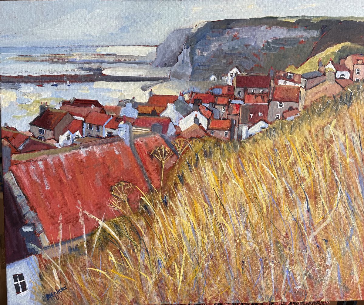 I think finished now. ‘Roof Tops, Sea and Nabs’. #Staithes #YorkshireCoast #marineart 24x20” #blockcanvas
