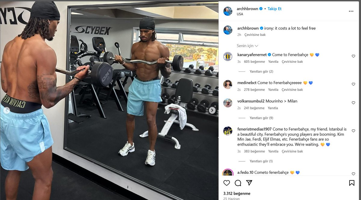 🚨Taraftarlarımız, Archie Brown'un ınstagramdaki son paylaşımına "Come To Fenerbahçe" yazıyorlar.

An itibarıyla atılan yorum sayısı 14.500