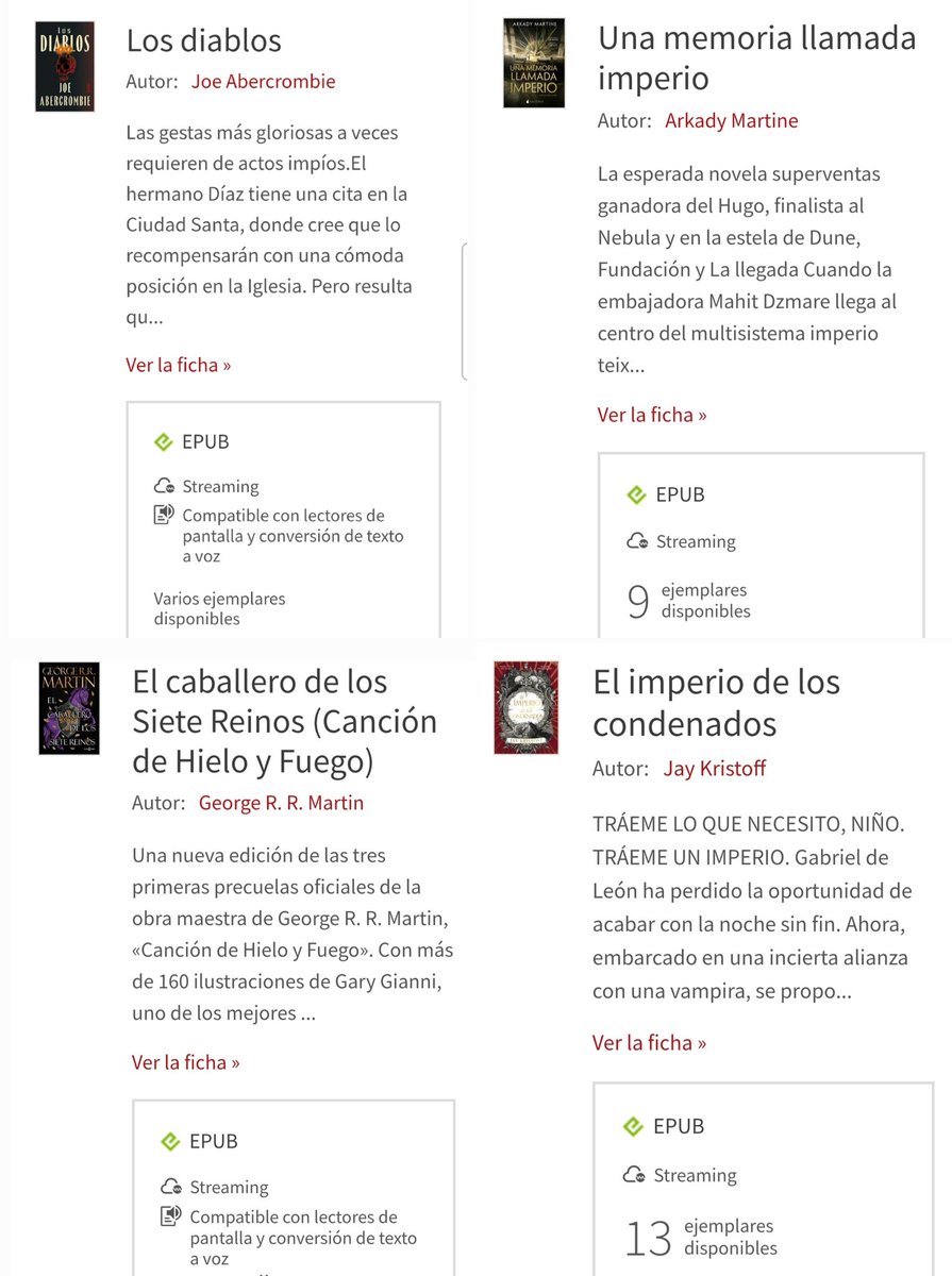 Hablando de libros, con el carnet de biblioteca pública de España podéis usar eBiblio que permite acceder gratuitamente a un montón de libros, audiolibros, revistas... Tiene algunos bastante recientes de fantasía y ciencia ficción