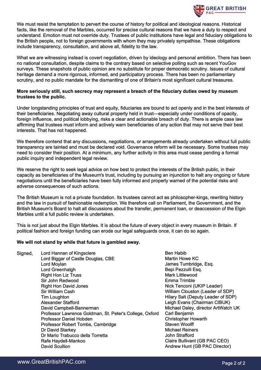 Our letter to the Trustees of the British Museum, the Secretary of State for Culture and the PM 

We write as individuals from across public life academia, politics, the law, and the arts—united in our deep concern over the accelerating campaign to remove the Elgin Marbles...