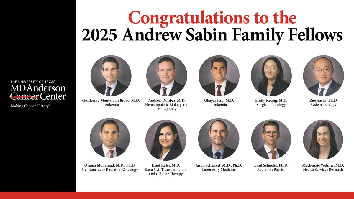 MDAndersonNews's tweet image. Congratulations to the 2025 Sabin Family Fellows — 10 early career researchers selected for their bold, high-impact cancer research.
We thank the Sabin Family Fellowship for their continued support. spr.ly/60154Ibll
#EndCancer