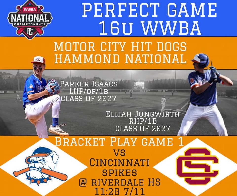 Elijah_Jungwirth#33 (@ejungwirth33) on Twitter photo Teams been playing great! 4-1 through pool play. First game of bracket play starts today at 11:20am vs the Cincy Spikes. <a href="/HitDogsHammond/">Motor City Hit Dogs Hammond National</a> <a href="/official_hitdog/">OfficialHitDogs</a> <a href="/baseballcrazy00/">Tony Leonard</a> <a href="/PG_Scouting/">Perfect Game Scout</a> <a href="/PG_OhioValley/">Perfect Game Ohio Valley</a> <a href="/PGMidwestBB/">Perfect Game Midwest Baseball</a> <a href="/ColdWeatherBats/">Cold Weather Bats</a> <a href="/CSAPrepStar/">PREPSTAR</a> <a href="/BUncommitted/">Baseball_Uncommitted</a> Teams been playing great! 4-1 through pool play. First game of bracket play starts today at 11:20am vs the Cincy Spikes. <a href="/HitDogsHammond/">Motor City Hit Dogs Hammond National</a> <a href="/official_hitdog/">OfficialHitDogs</a> <a href="/baseballcrazy00/">Tony Leonard</a> <a href="/PG_Scouting/">Perfect Game Scout</a> <a href="/PG_OhioValley/">Perfect Game Ohio Valley</a> <a href="/PGMidwestBB/">Perfect Game Midwest Baseball</a> <a href="/ColdWeatherBats/">Cold Weather Bats</a> <a href="/CSAPrepStar/">PREPSTAR</a> <a href="/BUncommitted/">Baseball_Uncommitted</a>