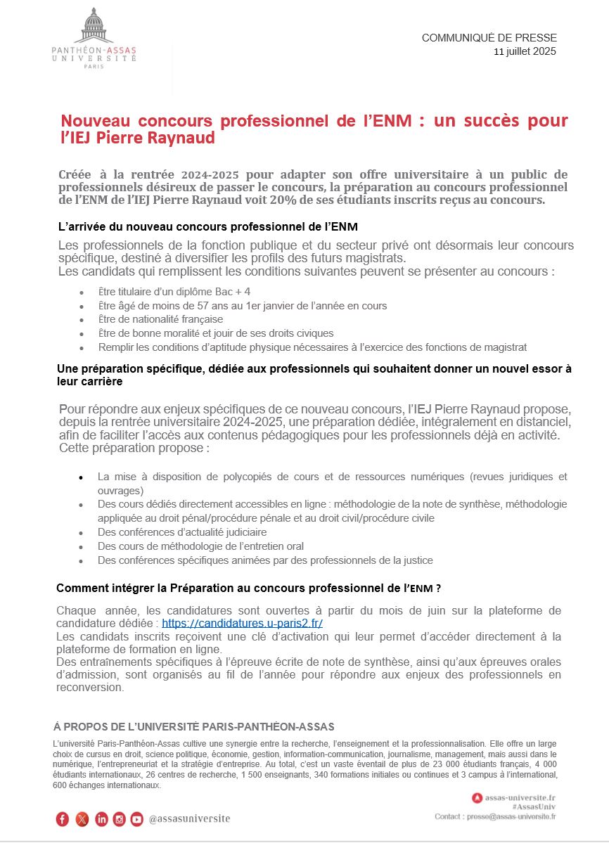 #ENM #ENM25 #ENMPRO La parution de notre communiqué de presse relatif à la mise en place de notre nouvelle Préparation dédiée iej.assas-universite.fr/fr/enm-magistr… 👌 dont les succès se sont déjà faits sentir cette année :
<a href="/AssasUniversite/">Panthéon-Assas université</a> <a href="/ENM_France/">École nationale de la magistrature</a>