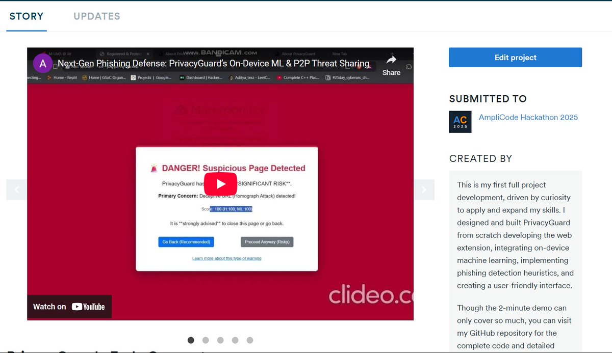 AdityaPat_'s tweet image. A month ago, I took a challenge to build a project as a solo dev and ended up creating an unpublished Chrome extension for detecting Phishing URLs. 

Which led me to secure an overall position under 15 in two hackathons with over ~200 submissions..