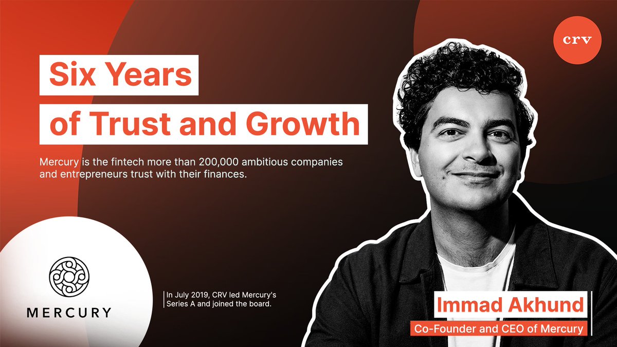 CRV's tweet image. We are incredibly proud to celebrate six years of partnership with @mercury and @immad. We look forward to watching this team continue to help ambitious companies of all sizes operate at their highest level.