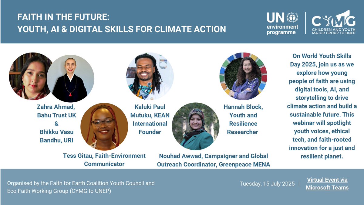 Faith in the Future 🔮🌍
Can faith, AI &amp; digital skills unite for climate action?
🧠 Yes. 💻 Yes. 🙏 Absolutely.
Join us this #WYSD2025 for a values-driven, youth-led conversation.
🗓️ 15 July | ⏰ 2:30 PM EAT | 💻 Virtual
#Faith4Earth #YouthClimateAction #AIForGood