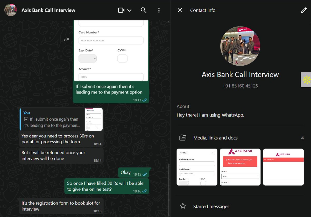 SBodele92708's tweet photo. 🚨 SCAM ALERT
I was contacted via @shine.com  for a job claiming to be from @AxisBank  (Axis Placement). They shared this fake link: https://t.co/cbaYKwxQls and asked for ₹30 as interview registration.
This is fraud. Please investigate and take action.
#JobScam #fakejob https://t.co/nItPDY6dJg