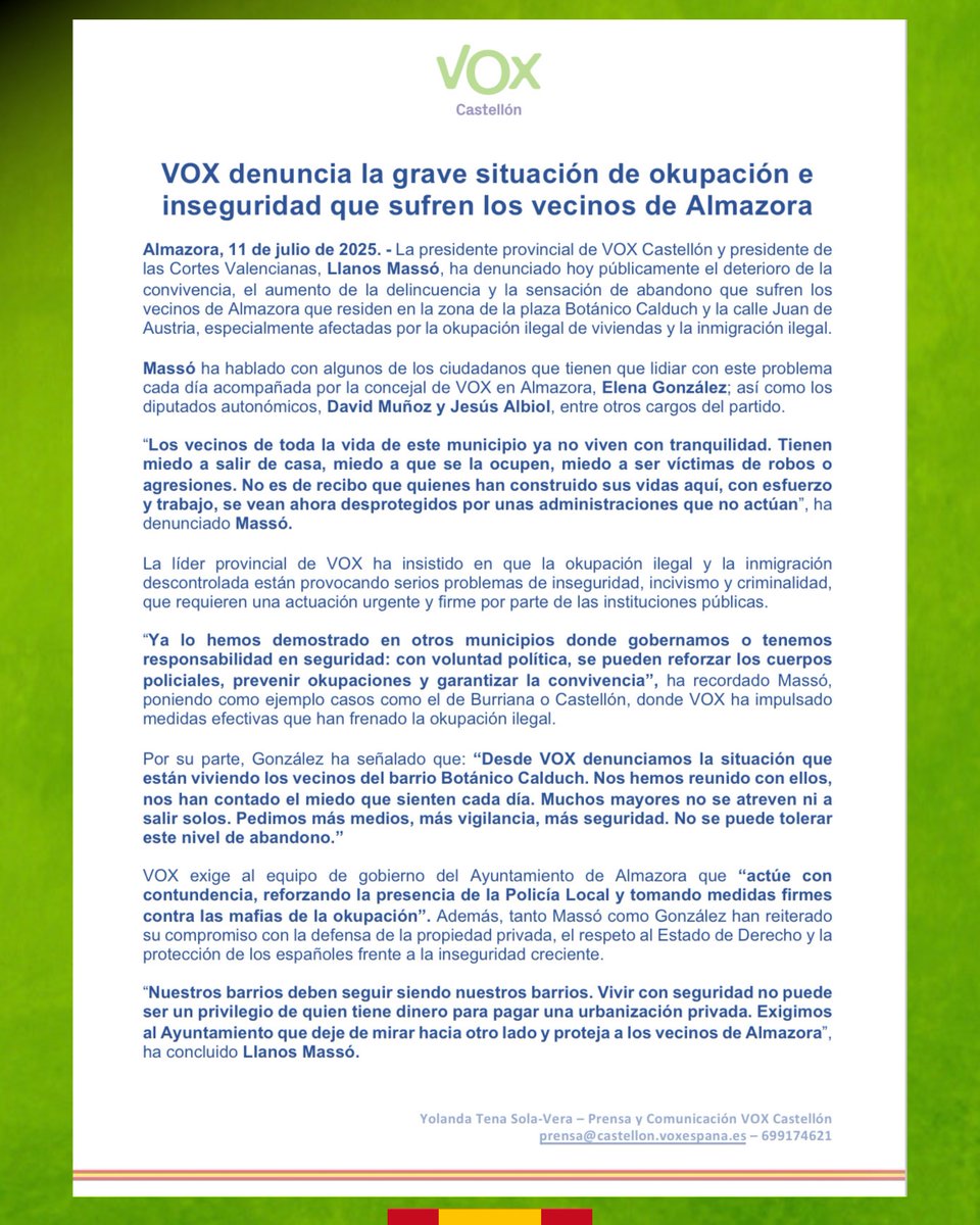 VOX Castellón (@castellonvox) on Twitter photo 🚨 OKUPACIÓN E INSEGURIDAD EN ALMAZORA 🚨
Hoy, nuestra presidente provincial y presidente de <a href="/cortsval/">Corts Valencianes</a>, <a href="/LlanosMasso/">Llanos Massó</a>, ha denunciado, junto a nuestra portavoz en Almazora, <a href="/Elenagonzalez0/">Elena González</a>, los graves problemas de okupación e inseguridad, sobre todo en la zona de Botánico Calduch 🚨 OKUPACIÓN E INSEGURIDAD EN ALMAZORA 🚨
Hoy, nuestra presidente provincial y presidente de <a href="/cortsval/">Corts Valencianes</a>, <a href="/LlanosMasso/">Llanos Massó</a>, ha denunciado, junto a nuestra portavoz en Almazora, <a href="/Elenagonzalez0/">Elena González</a>, los graves problemas de okupación e inseguridad, sobre todo en la zona de Botánico Calduch