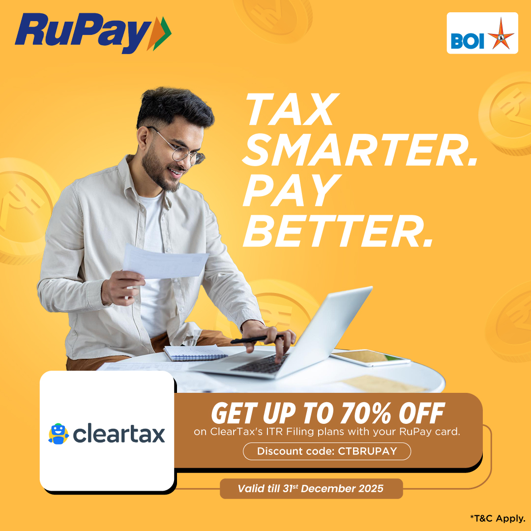 Bank of India (@bankofindia_in) on Twitter photo Ready to maximize your tax savings this year? File your ITR with ClearTax and unlock up to 70% OFF on their plans, exclusively for RuPay cardholders! It's time to pay better and live smarter. Use discount code: CTBRUPAY. Hurry, offer valid till 31st December 2025. T&C Apply. Ready to maximize your tax savings this year? File your ITR with ClearTax and unlock up to 70% OFF on their plans, exclusively for RuPay cardholders! It's time to pay better and live smarter. Use discount code: CTBRUPAY. Hurry, offer valid till 31st December 2025. T&C Apply.