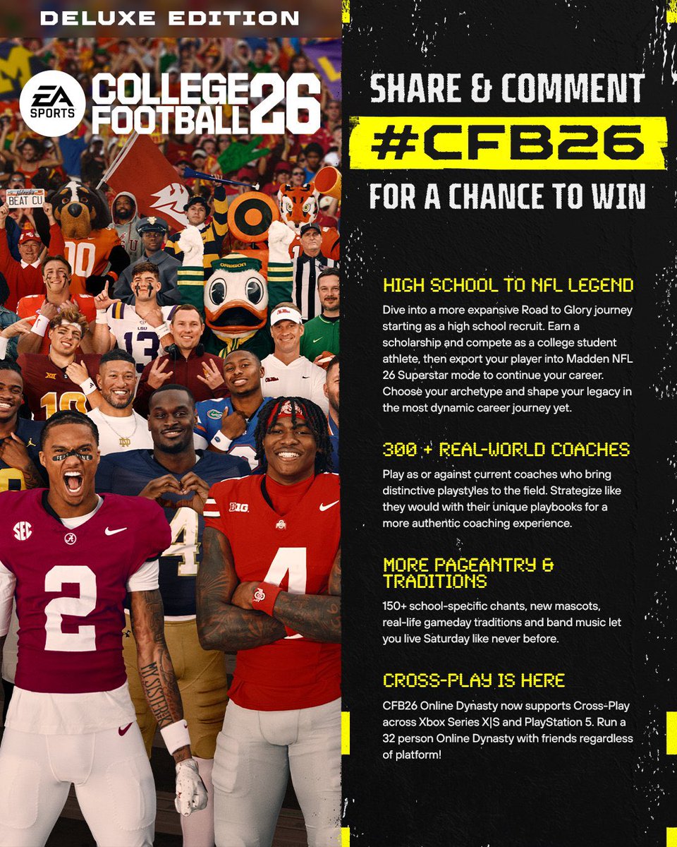 🏆 As the reigning 2053 National Champion, I have (6) College Football Deluxe Edition codes to hand out 🏆 

- RT to enter 
- Reply below with the system you play on and #CFB26 

#CFB26