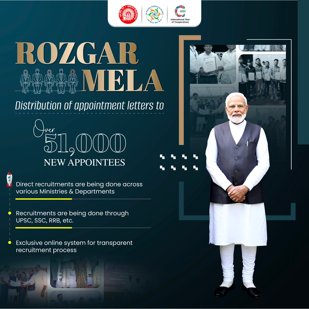 Salute to <a href="/narendramodi/">Narendra Modi</a> and <a href="/RailMinIndia/">Ministry of Railways</a> for appointing new jobs in Indian Railways under #RozgarMela.