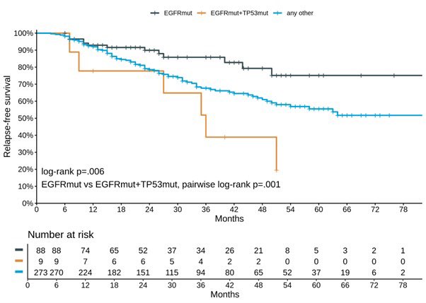 🚨 Just published!
TP53 co-mutations significantly increase the risk of recurrence in stage I EGFR-mutated LUAD.
🔬 Worse RFS, similar OS → supports the need for treatment escalation even in early-stage disease.

sciencedirect.com/science/articl…