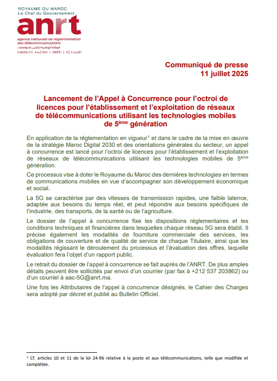 Lancement de l’Appel à Concurrence pour l’octroi de licences pour l’établissement et l’exploitation de réseaux de télécommunications utilisant les technologies mobiles de 5ème génération.
