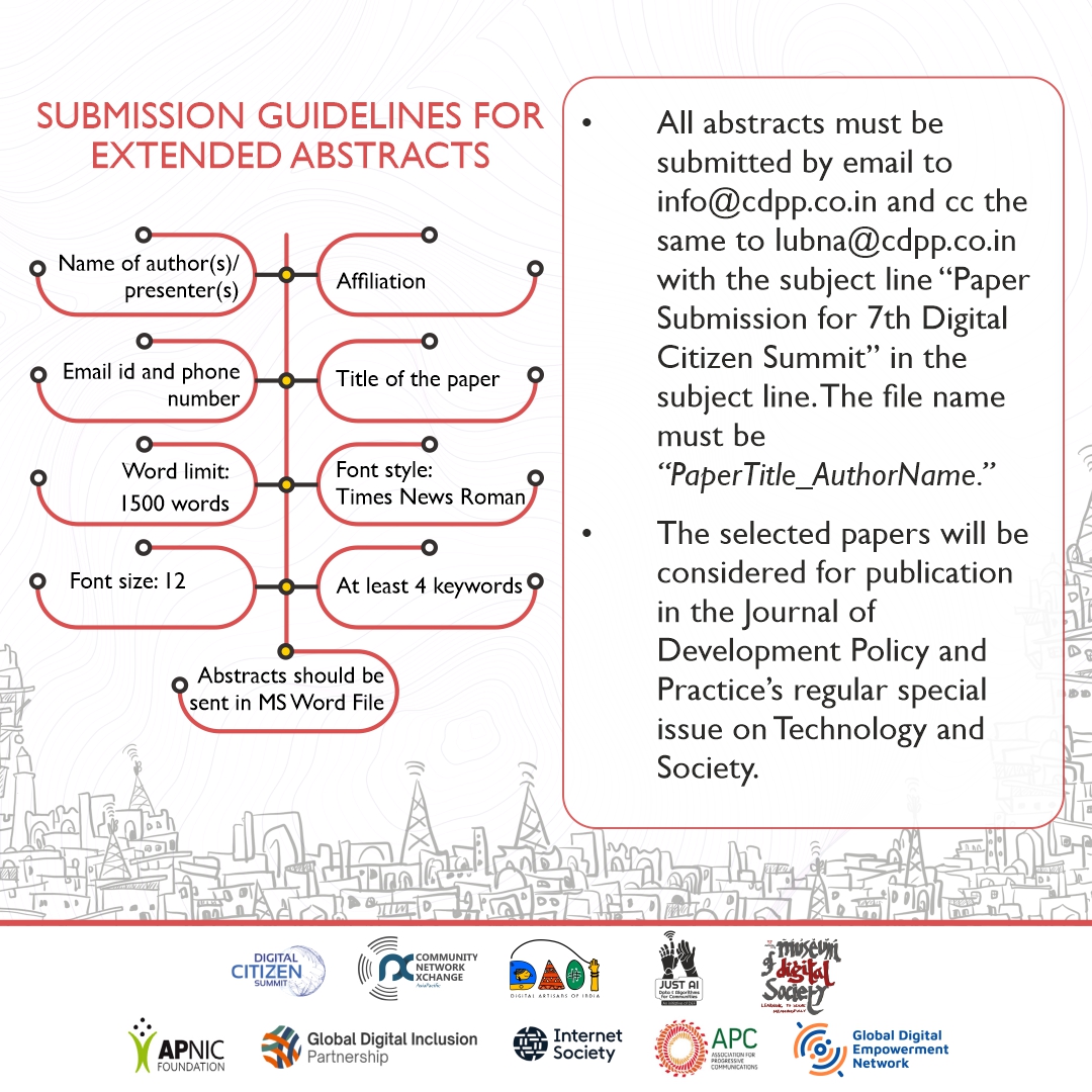 CDPP and <a href="/DEFindia/">DEFindia</a> are inviting submissions for the 7th Digital Citizen Summit 2025

Deadline for Abstracts: August 15, 2025

To know more: dsummit.defindia.org
For submission guidelines: cdpp.co.in/events/digital…
#CallForPapers #DCS2025 #CDPP #DEFIndia #peopleandplatforms