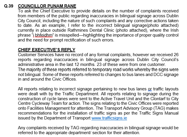 Cllr. Punam Rane-Fine Gael (@punamranefg) on Twitter photo I raised concerns with <a href="/DubCityCouncil/">Dublin City Council</a> about errors in bilingual signage — incl. a misspelling of “i bhfeidhm” outside Rathmines Dental Clinic.
DCC confirms 26 such reports in the past year. Quality control matters — especially when it comes to our national language. 🇮🇪📍 I raised concerns with <a href="/DubCityCouncil/">Dublin City Council</a> about errors in bilingual signage — incl. a misspelling of “i bhfeidhm” outside Rathmines Dental Clinic.
DCC confirms 26 such reports in the past year. Quality control matters — especially when it comes to our national language. 🇮🇪📍
