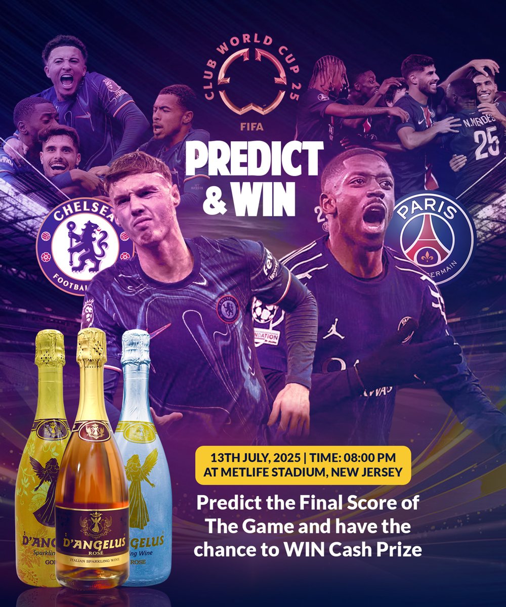 Club World Cup Final Prediction!
Predict CHELSEA vs PSG final score &amp; win ₦10,000!
✔ Predict the SCORE
✔ Follow @tigerbeverageslimited
✔ Tag 3 friends
5 winners. No multiple entries.
T&amp;Cs apply

#PredictAndWin #CashGiveaway #TigerBeverages