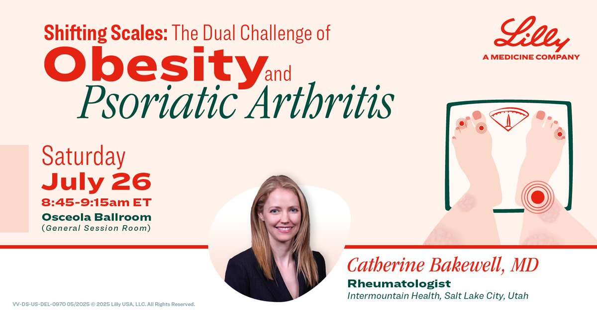 LillyMedical's tweet image. AWIR2025 Attendees! On Saturday, July 26th from 08:45 to 09:15am EST join us for our live symposium exploring the relationship between Obesity and Psoriatic Arthritis presented by Dr. Catherine Bakewell. Learn more here: e.lilly/3T5gmIF