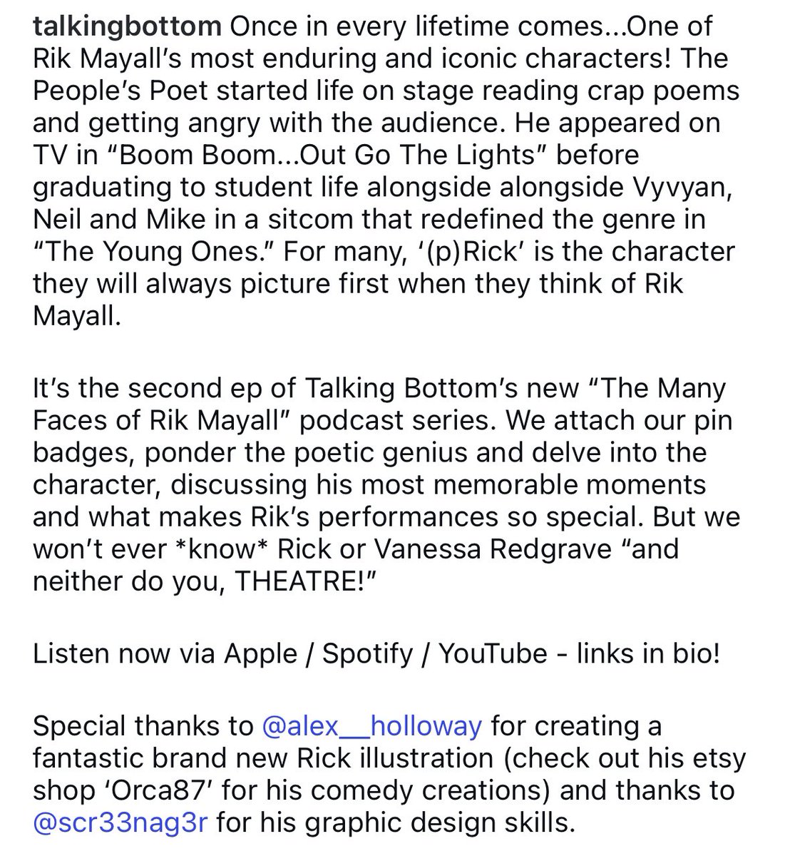 talkingbottom's tweet image. The second ep of #TalkingBottom’s #RikMayall special series is out now! This week it’s Rick from #TheYoungOnes
We attach our pin badges, ponder the poetic genius & discuss his most memorable moments & what makes Rik's performances so special
Listen here: tinyurl.com/RickThePoet