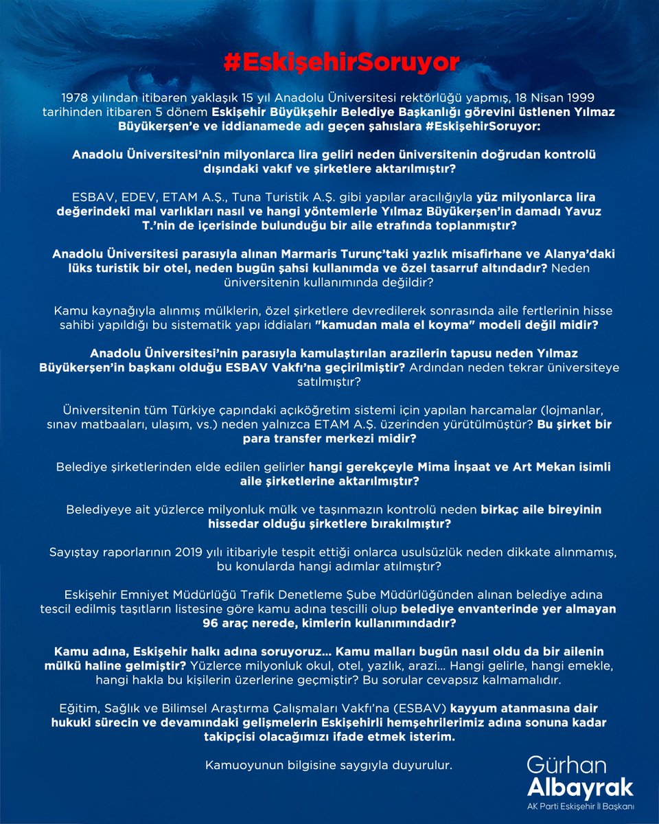 #EskişehirSoruyor 
 
Eğitim, Sağlık ve Bilimsel Araştırma Çalışmaları Vakfı’na (ESBAV) kayyum atanmasına dair hukuki sürecin ve devamındaki gelişmelerin Eskişehirli hemşehrilerimiz adına sonuna kadar takipçisi olacağımızı ifade etmek isterim.
 
Kamuoyunun bilgisine saygıyla
