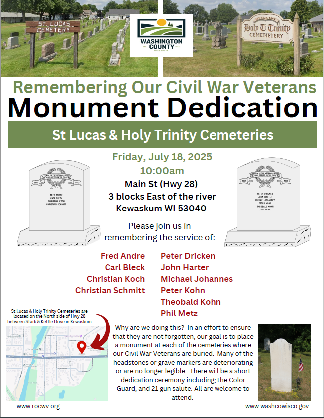 WashCoWisco's tweet image. Civil War Veterans Monument Dedication Ceremony, Fri. 7/18, 10AM. Services with Color Guard & 21-gun salute at St. Lucas & Holy Trinity Cemeteries on Main St. Kewaskum
#CivilWarVeterans #HistoricalPreservation