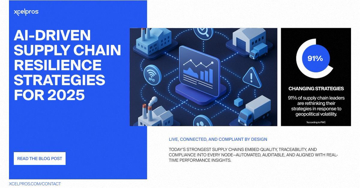 Disruption is coming. Will your supply chain be ready?

📊 91% of leaders are rethinking strategy
But only 1 in 3 invest in AI-powered resilience

Visibility. Prediction. Compliance.
This is how smart supply chains evolve.

👉 xcelpros.com/building-a-mor…

#AI #SupplyChain #resilience