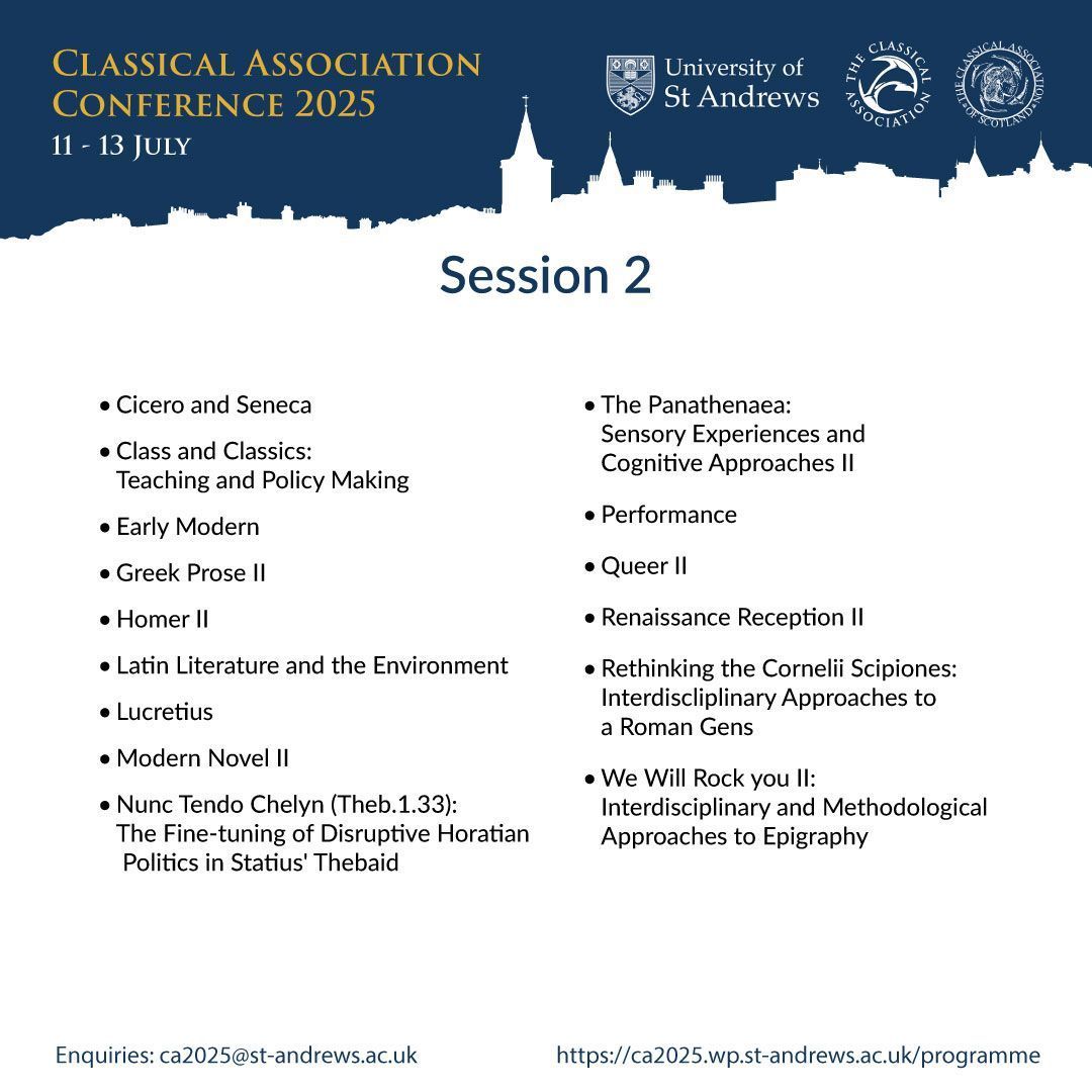 StA_Classics's tweet image. #CA2025 Session 2 begins at 3pm. Explore panels and abstracts: ca2025.wp.st-andrews.ac.uk/programme/sess…