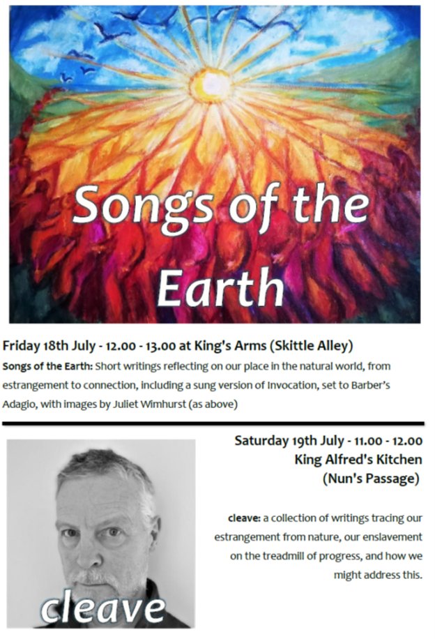 Looking forward to the Shaftesbury Fringe next week. Do come along to my spoken word shows - 'Songs of the Earth' on Friday morning and 'cleave' on Saturday morning. Both free / pass the hat