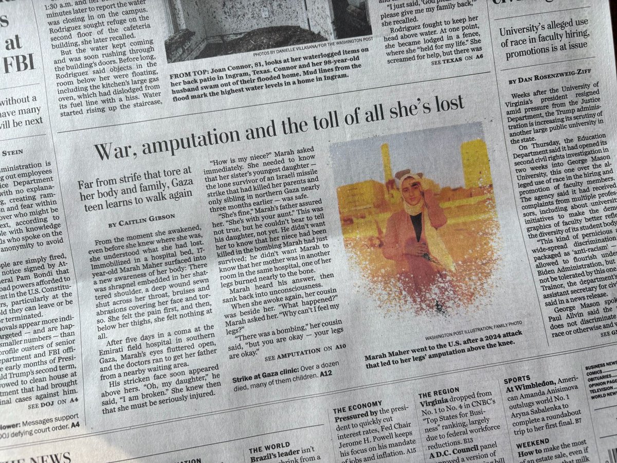 Stevesosebee's tweet image. The front page of today's @washingtonpost about Marah, a young double amputee girl whose siblings were killed and that @healpalestine_ (the organization that I co-founded and run) brought last year for medical care. We are proud to be on the right side of history and more…