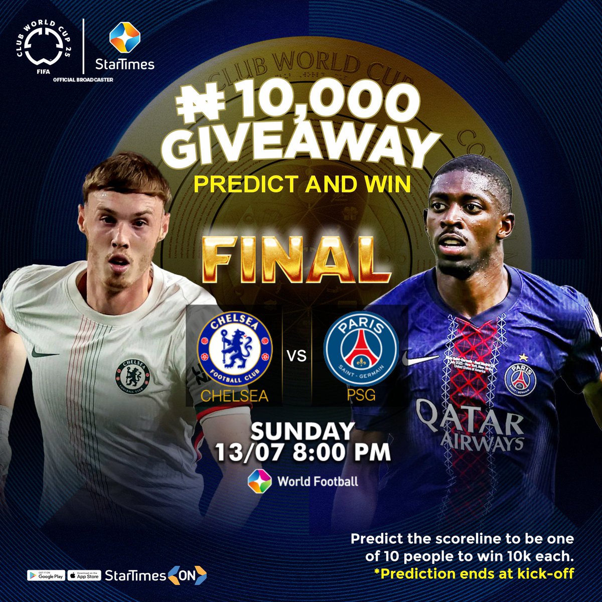 #GiveawayAlert!

Predict the score of the FIFA Club World Cup Final match.

Share your answer in the comments section.

You can be one of the 10 people to win 10k each

Winners will be picked at random.

Prediction ends at kick-off

Let's go!

#FIFACWC #FIFAClubWorldCup